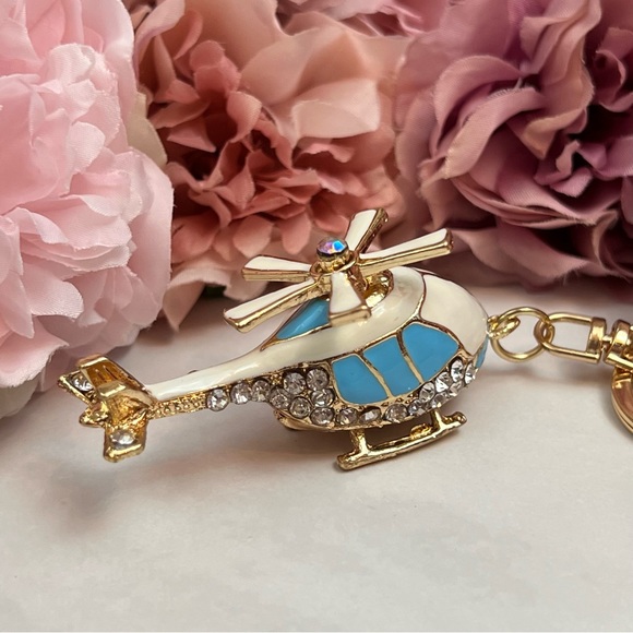 Whimsical Blue and White Crystal Helicopter Keychain Charm - Picture 7 of 16